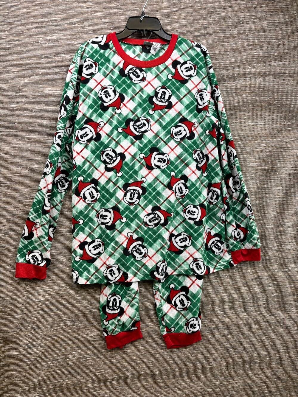 Disney Pajama Set Womens XL Green Plaid Mickey Minnie Fleece Christmas Top Pants